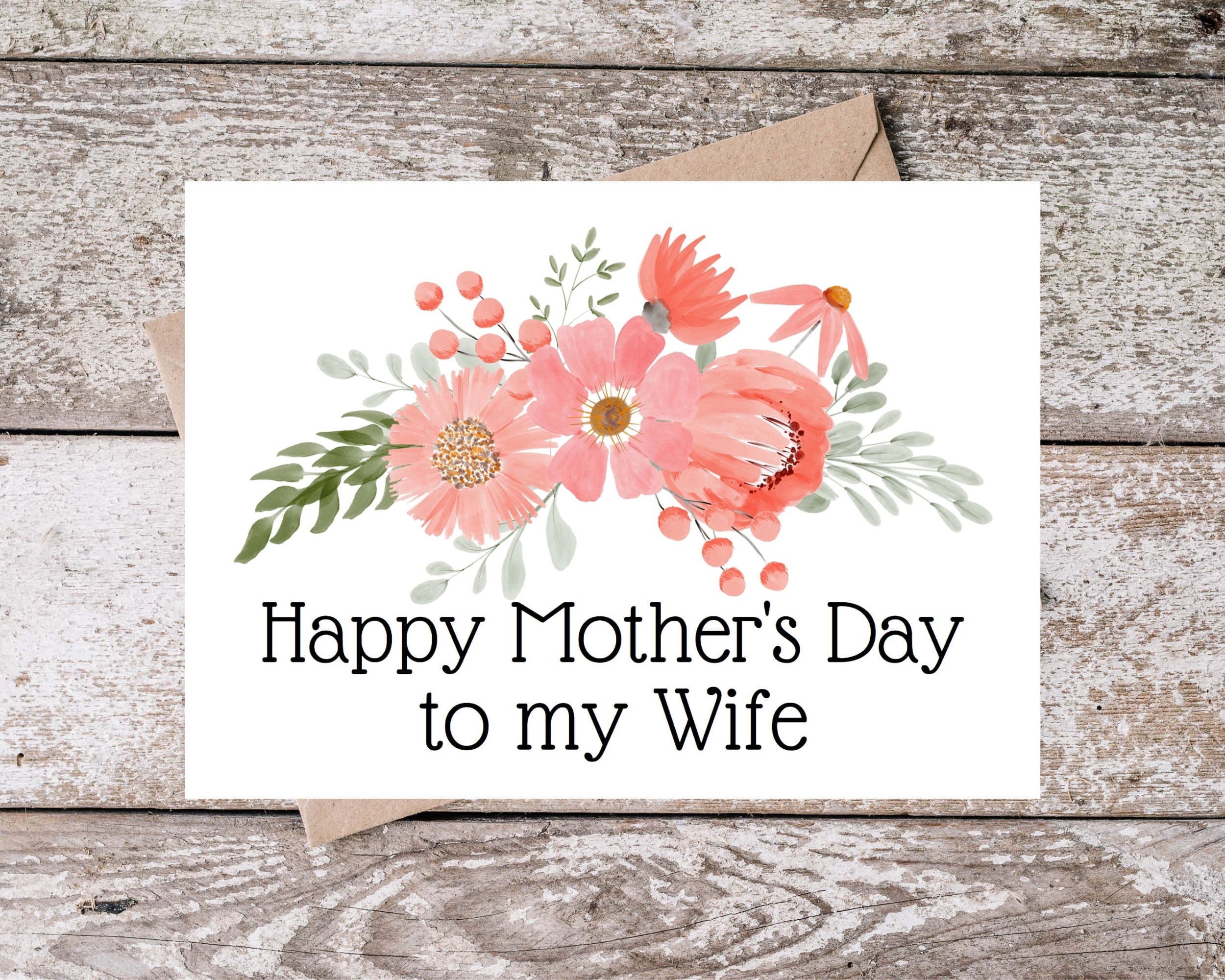 Printable Wife Mothers Day Card Happy Mother s Day To My Wife Wife Card With Pink Watercolor Floral Design Card For Wife PF002 Etsy