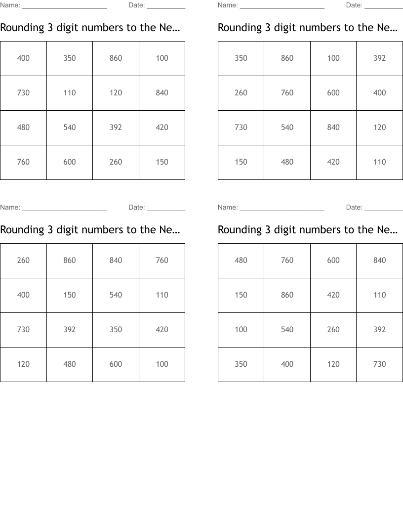 Rounding 3 Digit Numbers To The Nearest 10 Bingo Cards WordMint