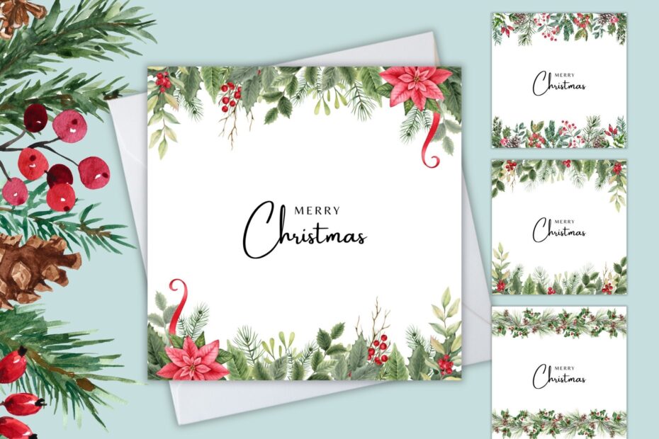 Set Of 4 Christmas Cards Printable Merry Christmas Card Print At