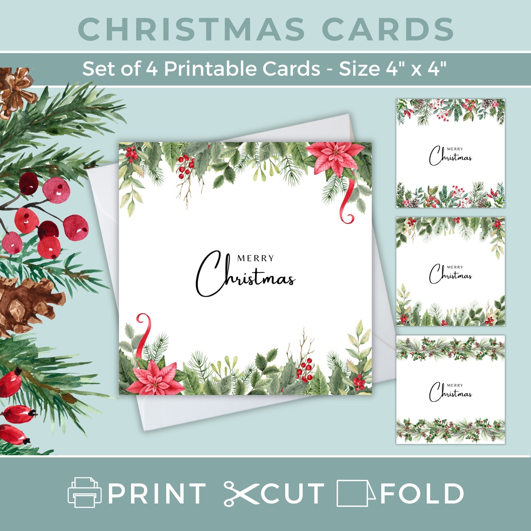 Set Of 4 Christmas Cards Printable Merry Christmas Card Print At 