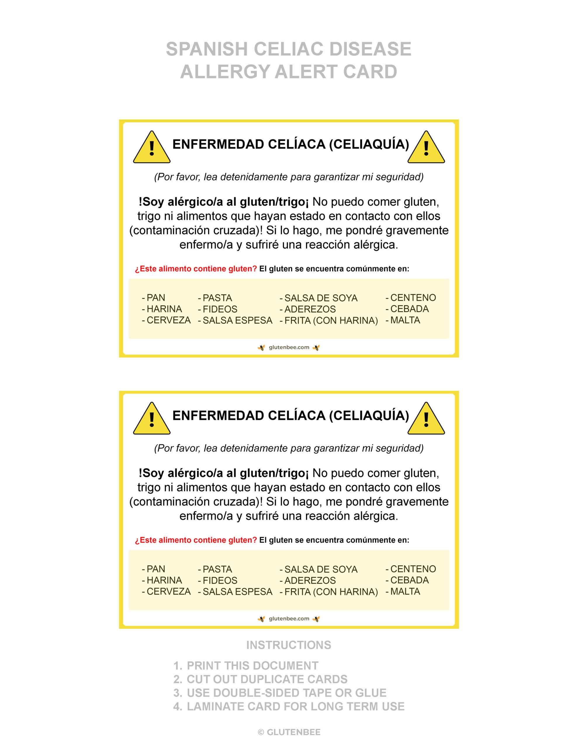 printable allergy cards spanish