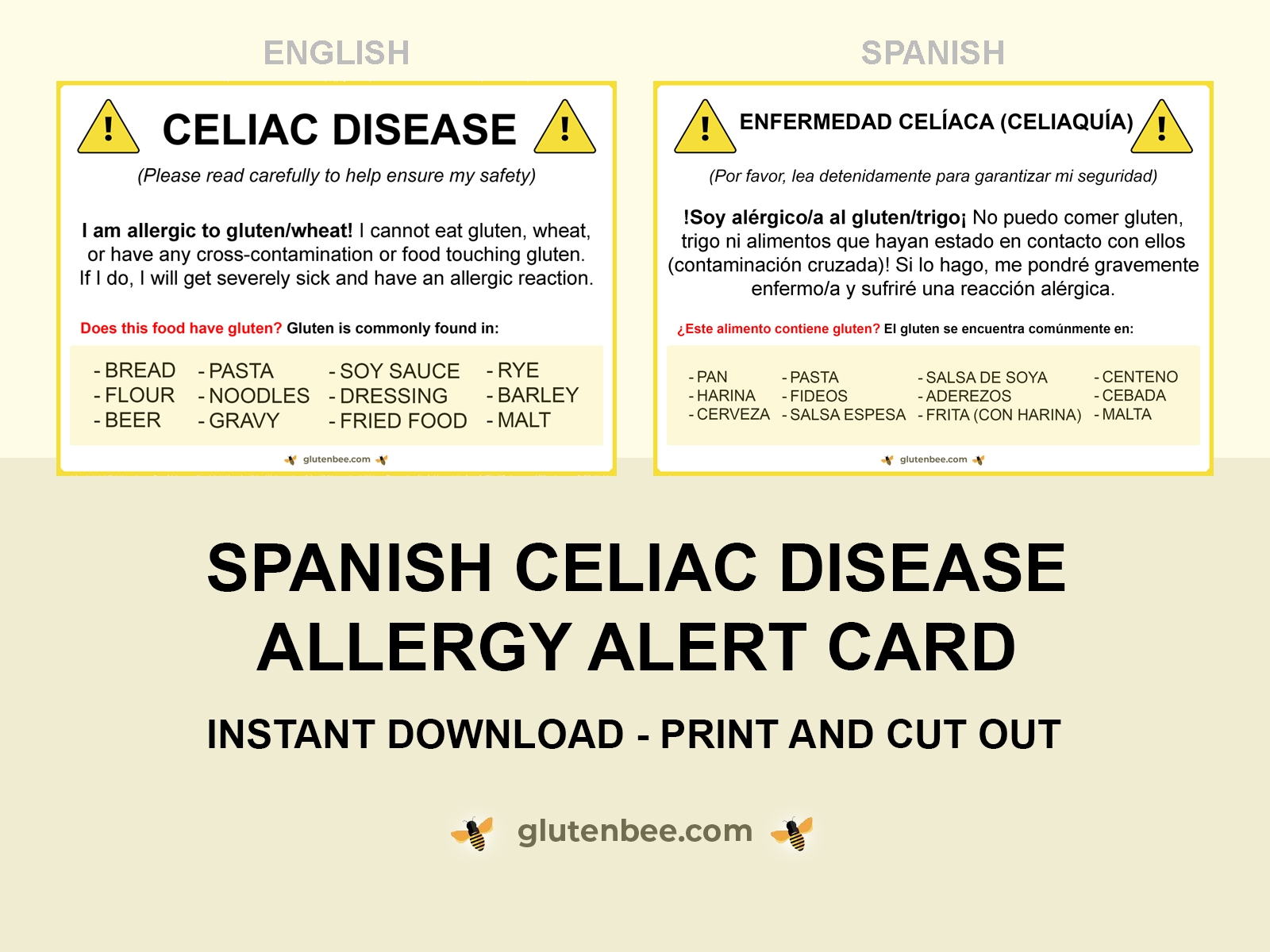 Spanish Celiac Disease Printable Allergy Alert Card FilterGrade