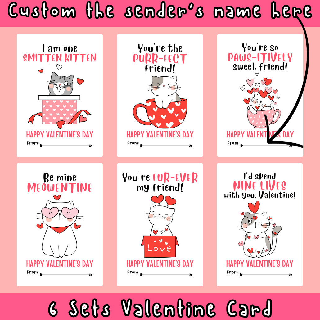 Valentine s Day Card Cat Theme Printable Digital Card Made By Teachers