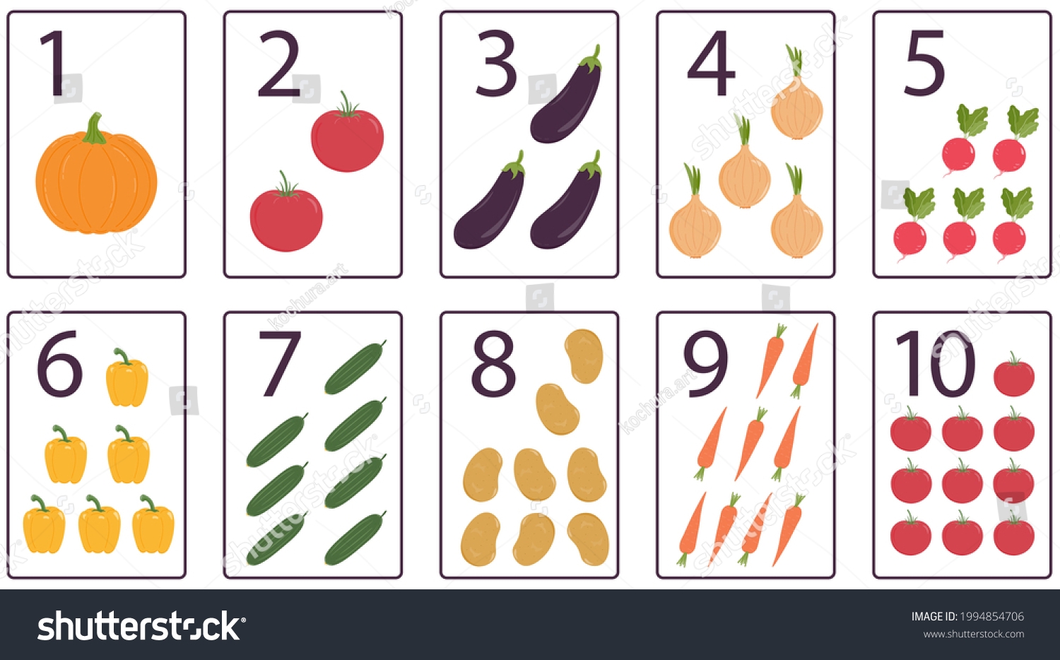Vektor Stok Printable Numbers Flashcards Vegetables Preschool Learning Tanpa Royalti 1994854706 Shutterstock