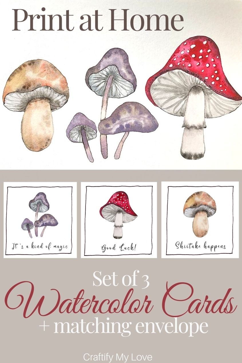 Watercolor Mushroom Art Turned Into Instant Download And Print At Home Cards 340 Giveaway Craftify My Love