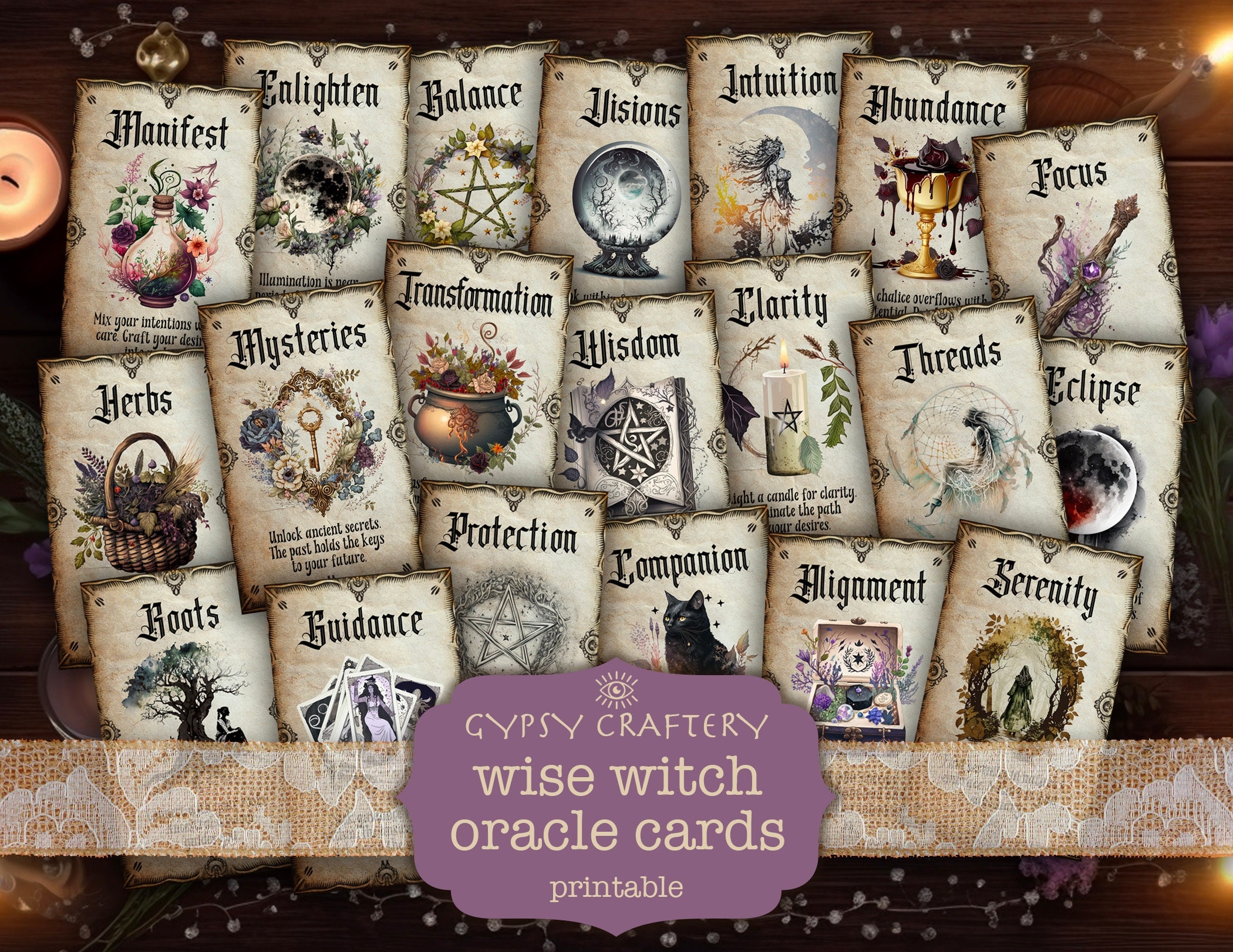 Wise Witch Oracle Cards Printable Oracle Deck Digital Download Divination Tool Tarot Reading Witchcraft Wicca Grimoire Bos