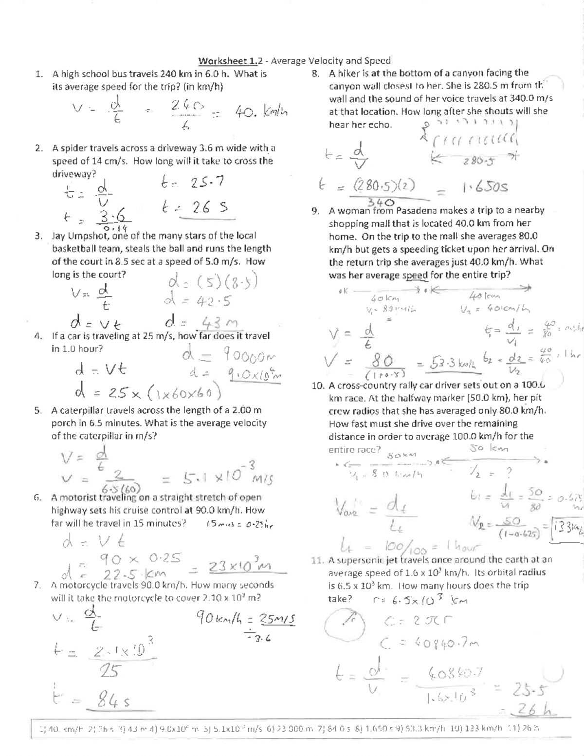 average velocity worksheet ap physics 1