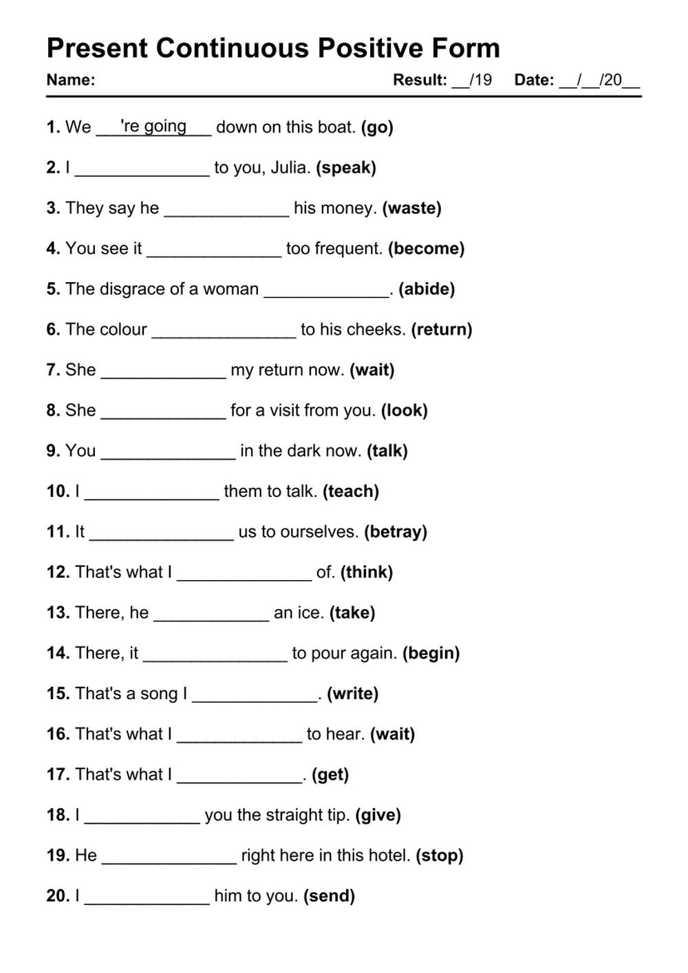 101 Present Continuous Positive PDF Worksheets With Answers Grammarism