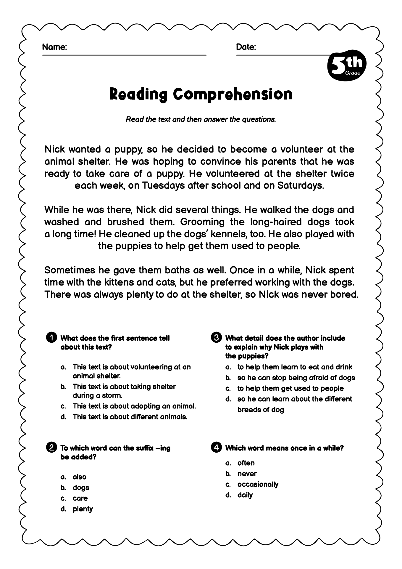 reading comprehension worksheets 5th grade