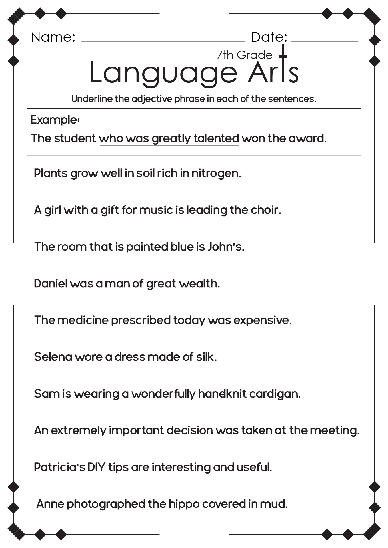 7th grade english worksheets