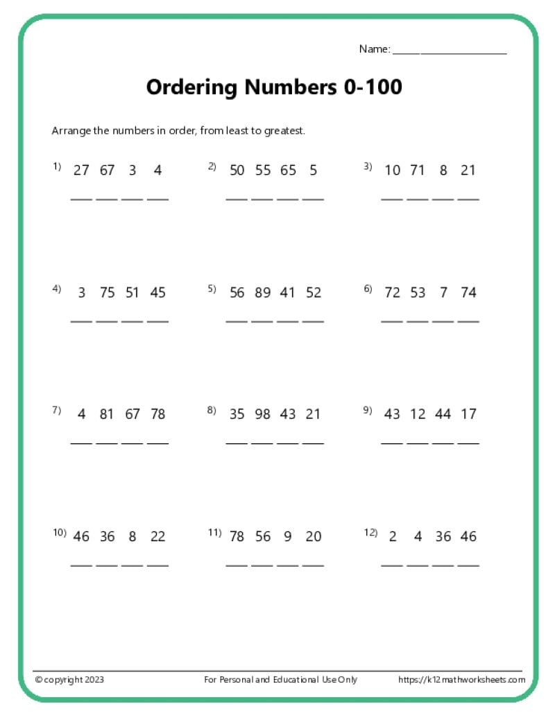 1st Grade Comparing And Ordering Worksheets