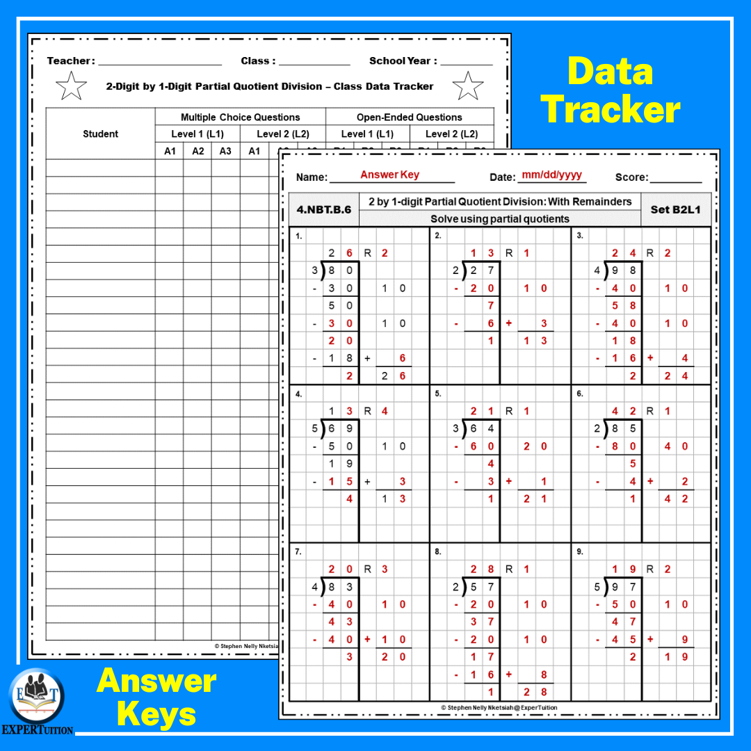 2 Digit By 1 Digit Partial Quotients Division With And Without Remainders Practice Worksheets