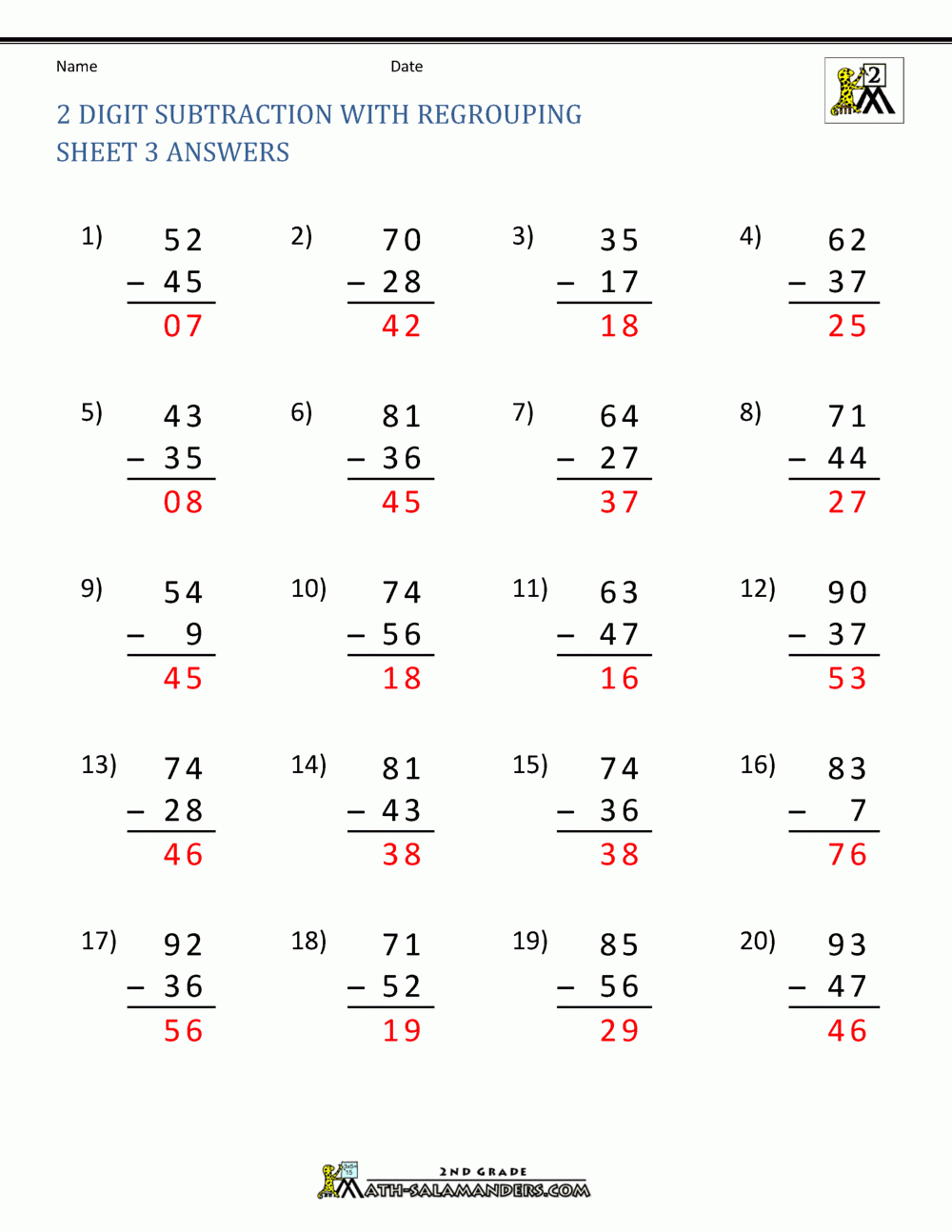 2 Digit Subtraction With Regrouping Worksheets