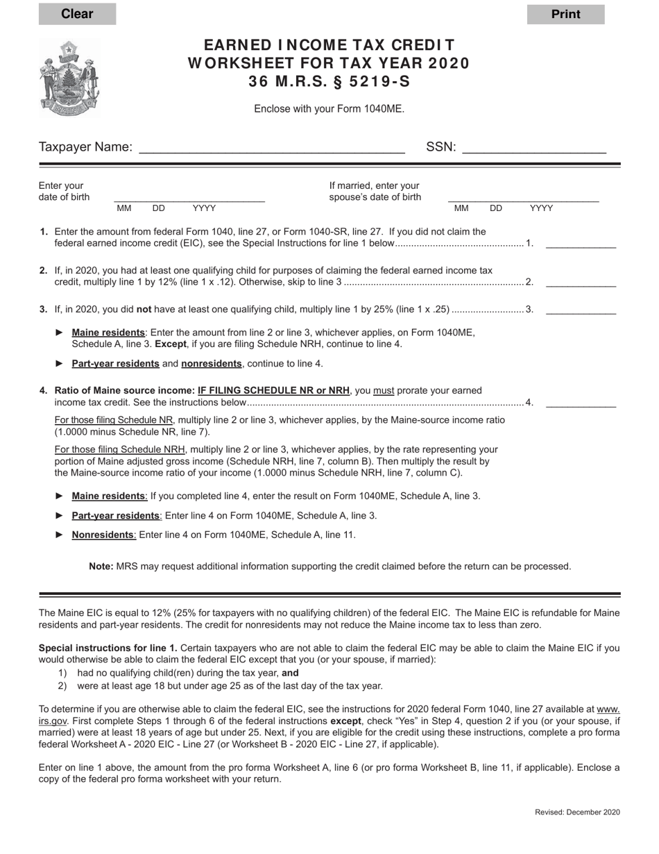 2020 Maine Earned Income Tax Credit Worksheet Fill Out Sign 
