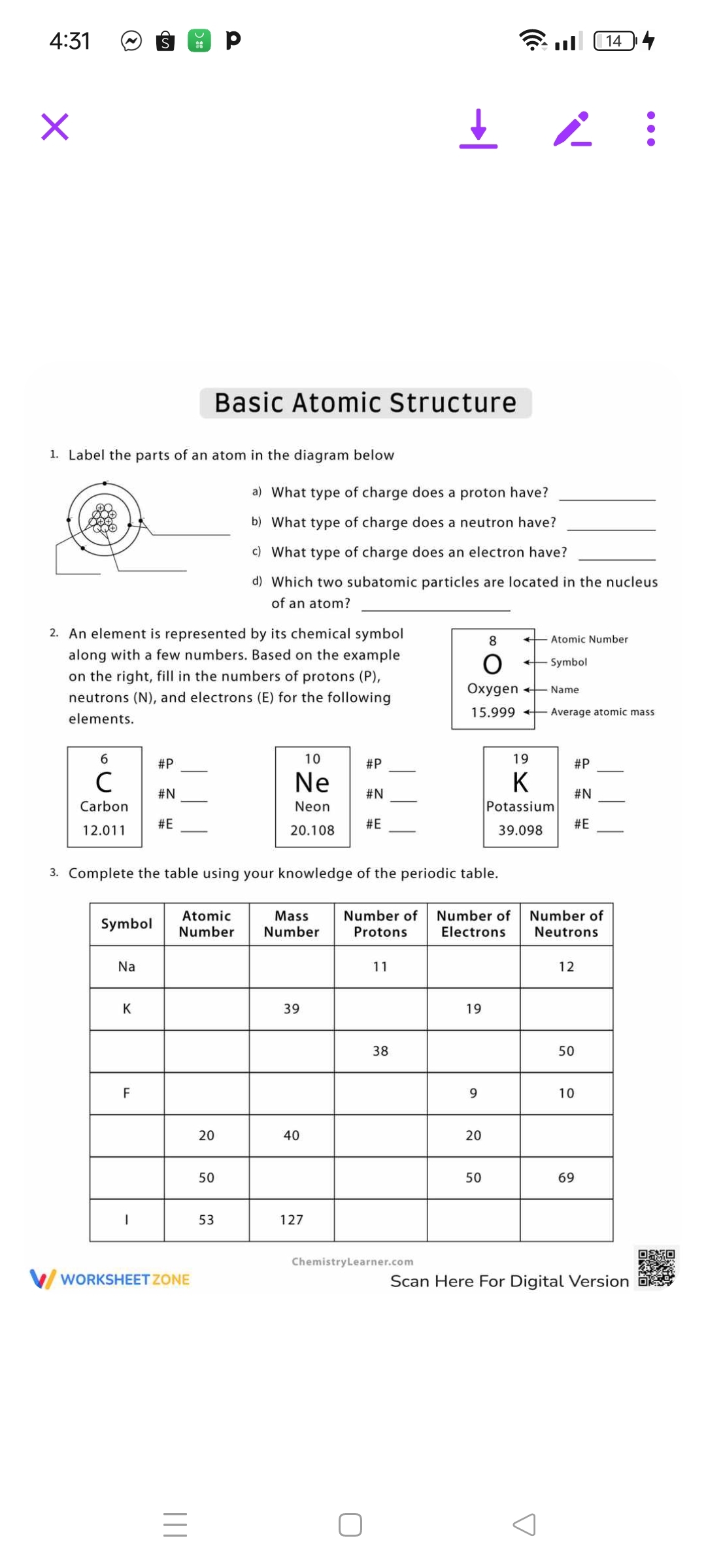 basic atomic structure worksheet