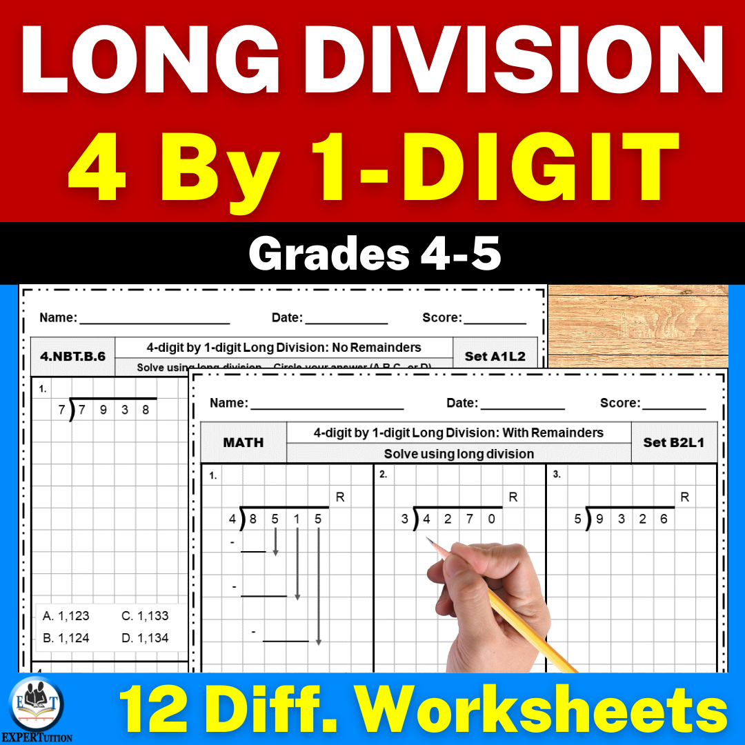 4 Digit By 1 Digit Long Division With And Without Remainders Practice Worksheets