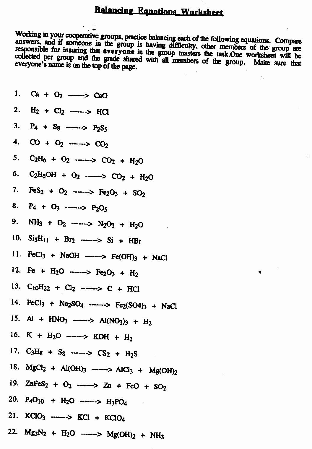 balancing equations in chemistry worksheet