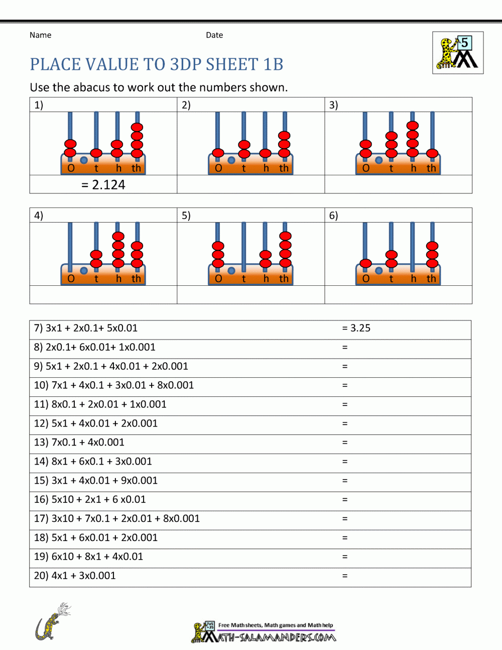 5th grade decimal worksheets