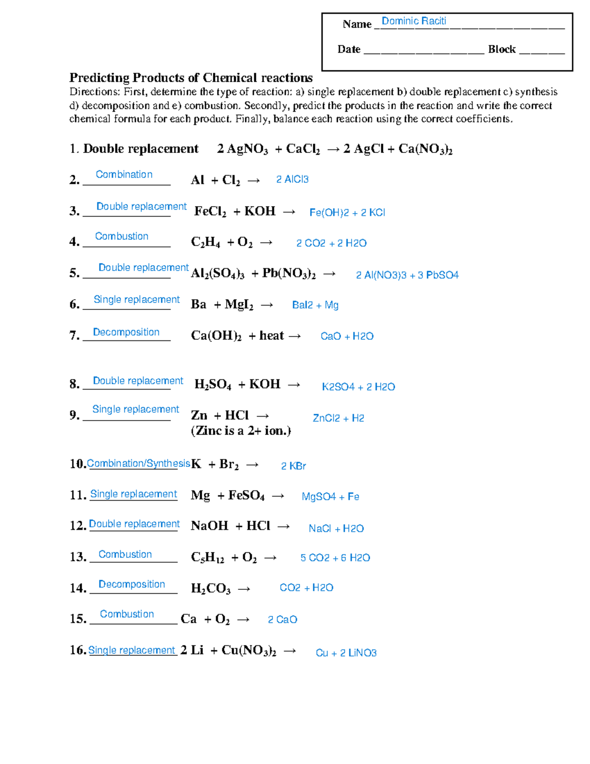 6 Predicting Products Of Chemical Reactions Predicting Products 