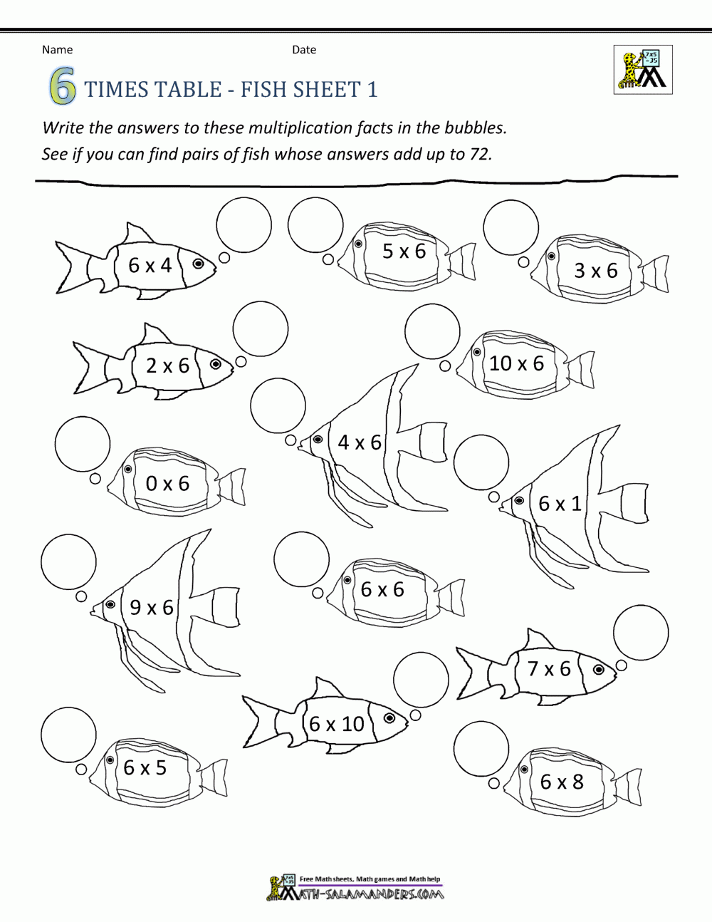 6 times table practice worksheet