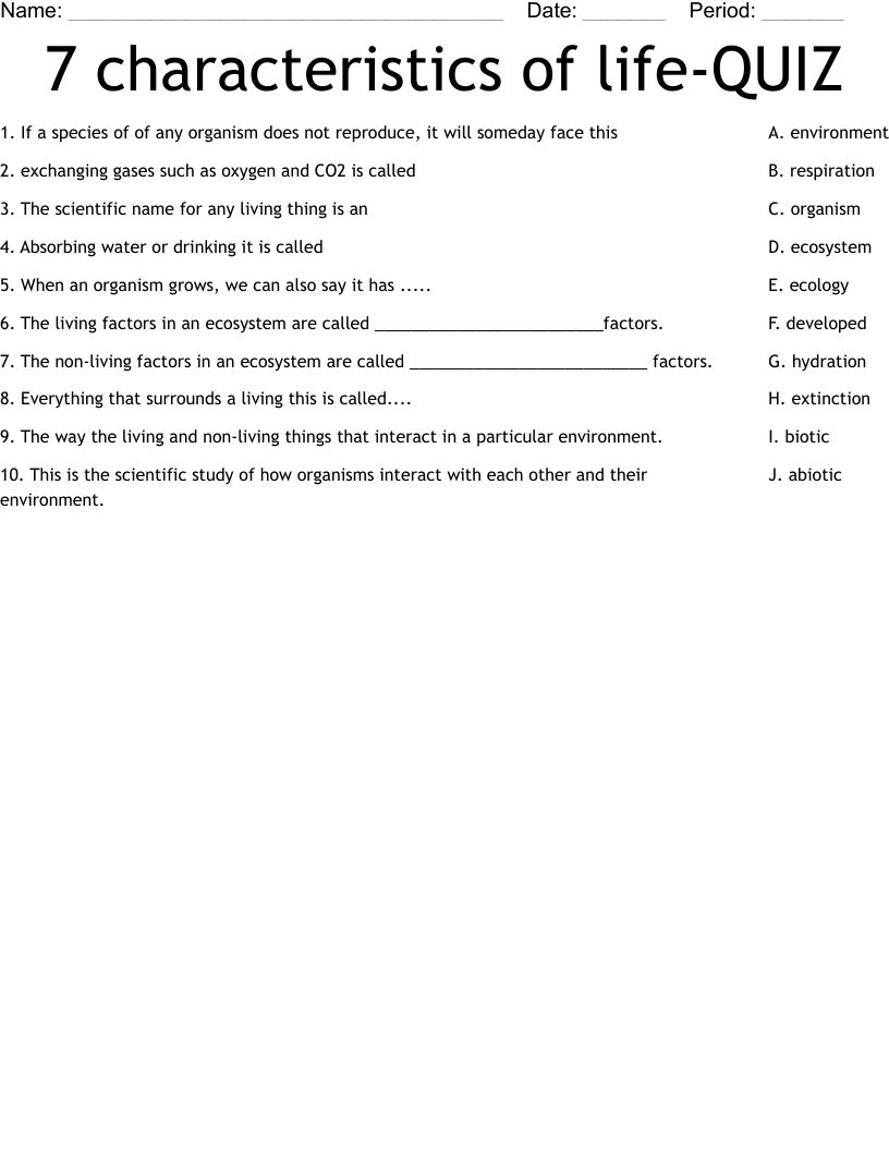7 Characteristics Of Life QUIZ Worksheet WordMint