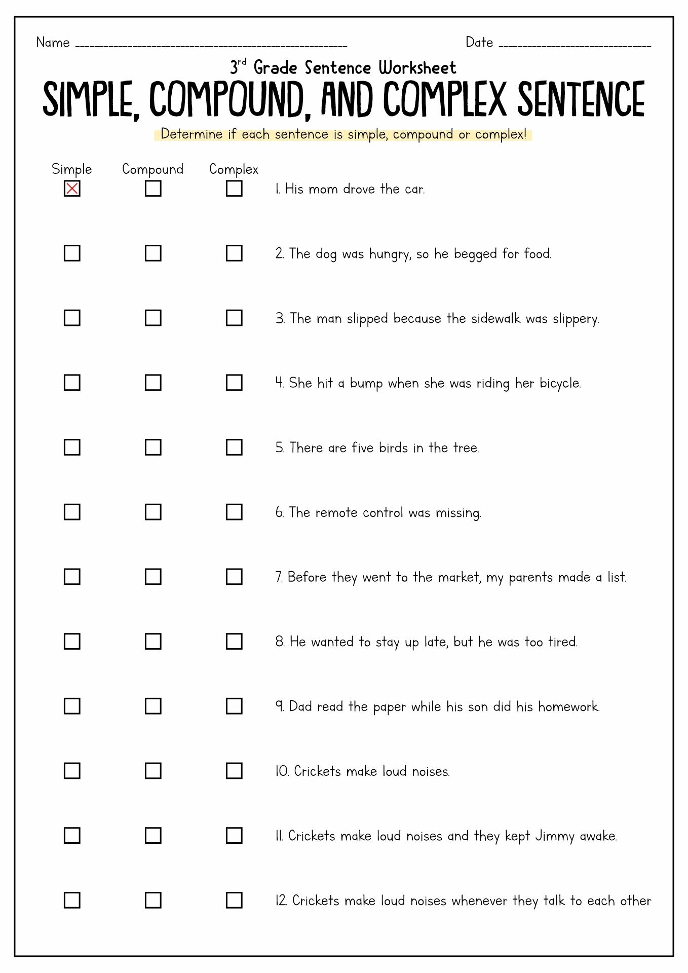 simple and compound sentences worksheet