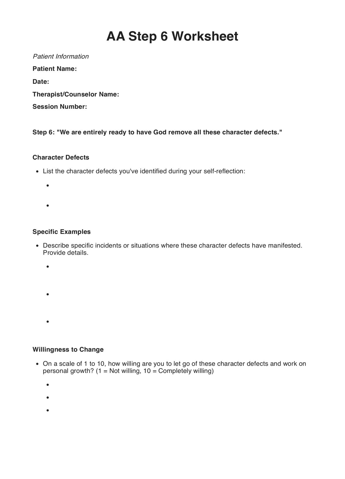 step two aa worksheet