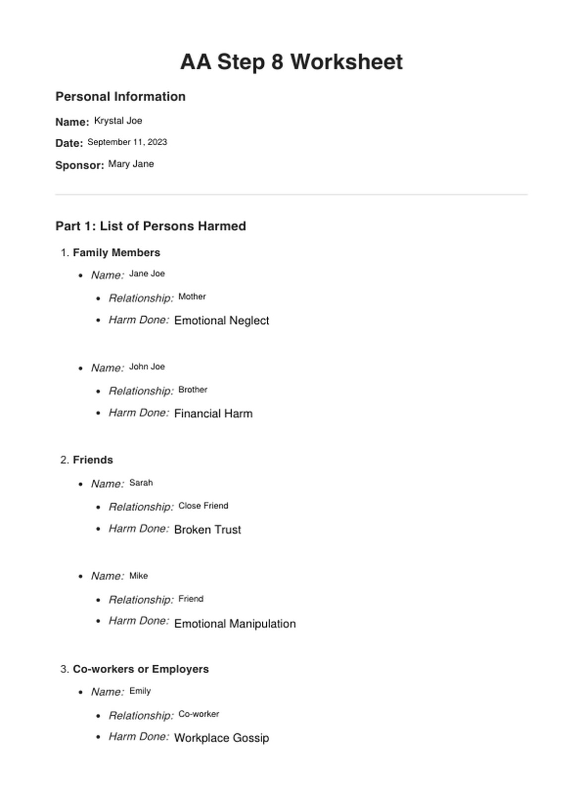 aa step worksheets step 2