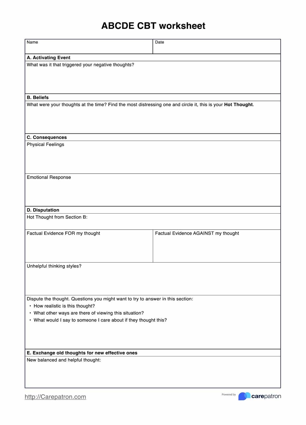 ABCDE CBT Worksheet U0026 Example Free PDF Download