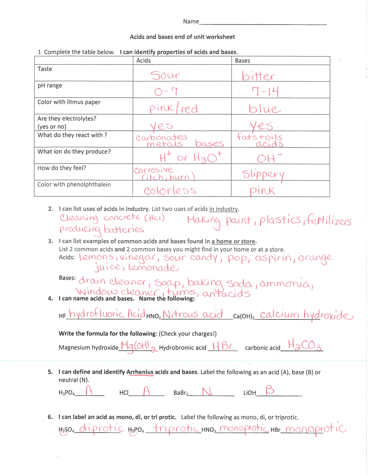 Acid And Bases Unit Worksheet With Answers Exercises Chemistry Worksheets Library
