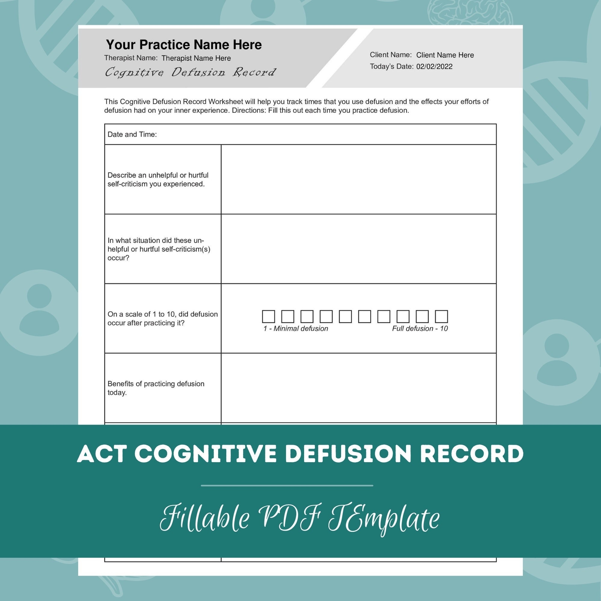 ACT Cognitive Defusion Record Worksheet Editable Fillable PDF For Counselors Psychologists Social Workers Therapists Psychiatrists