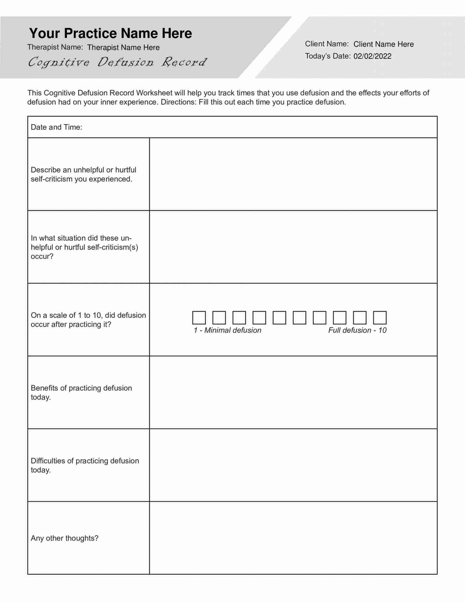 ACT Cognitive Defusion Record Worksheet PDF TherapyByPro