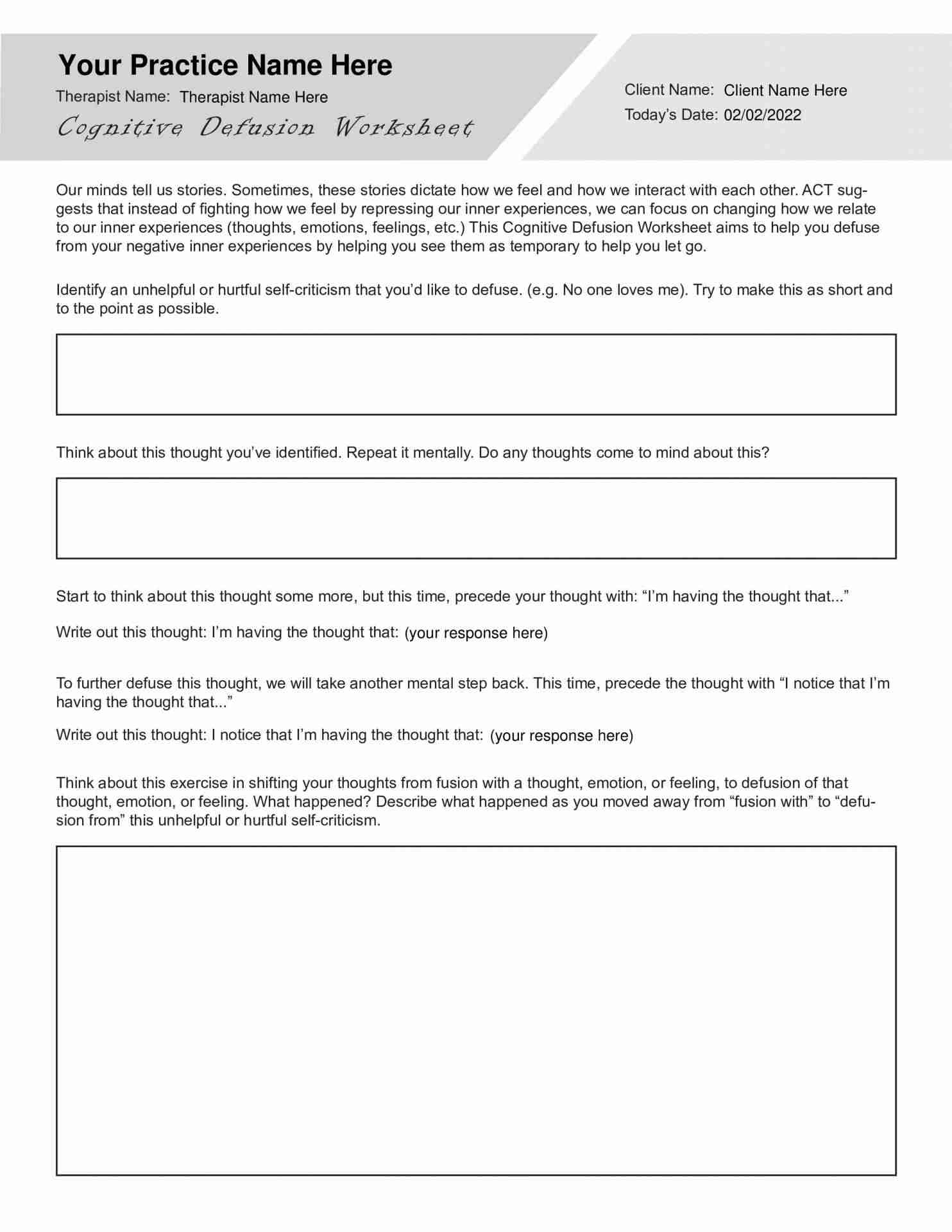 cognitive defusion worksheet