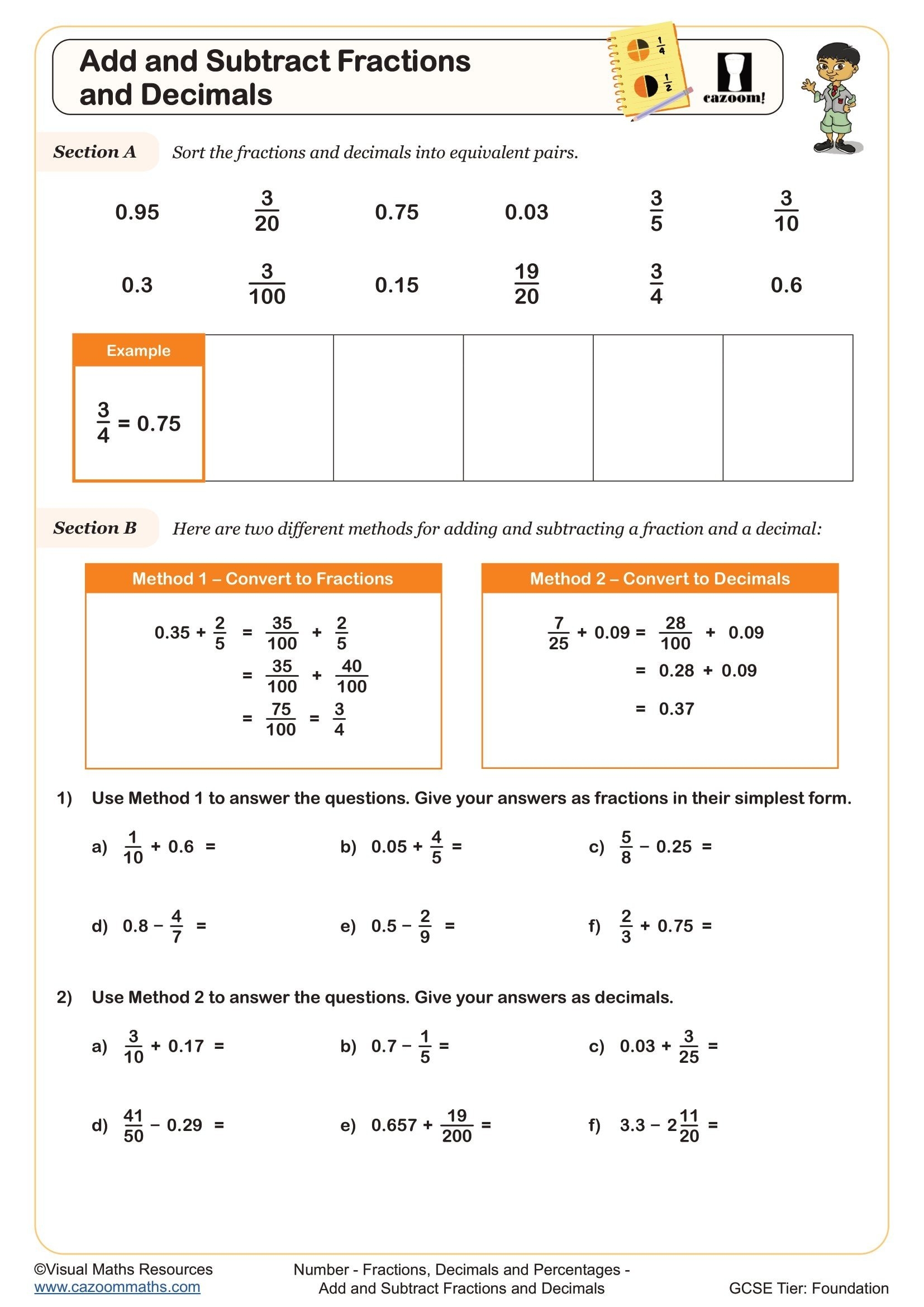 Add And Subtract Fractions And Decimals Worksheet Printable PDF 
