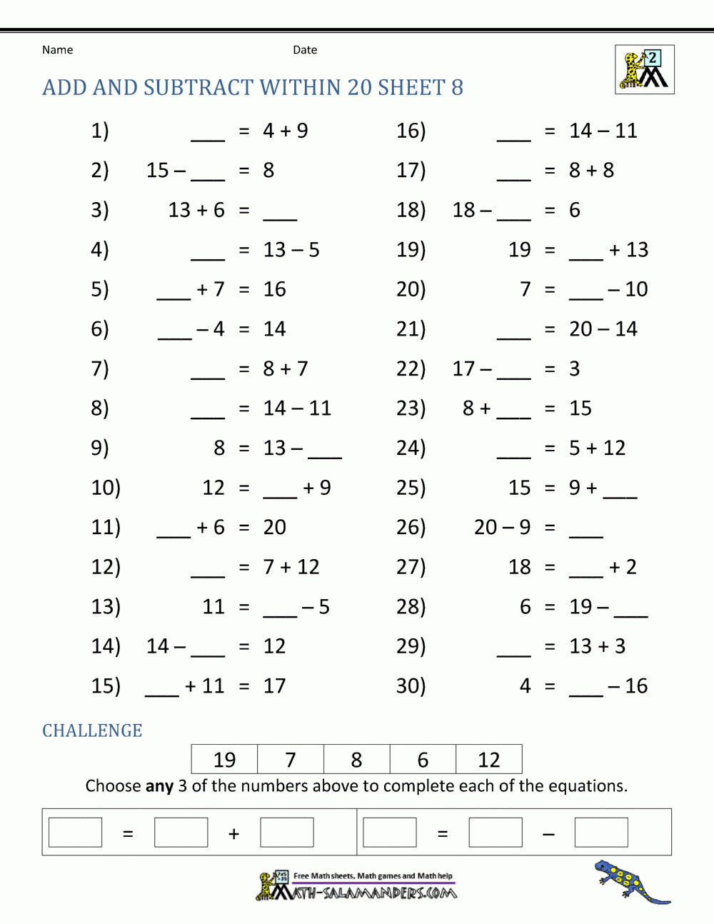 addition within 20 worksheets