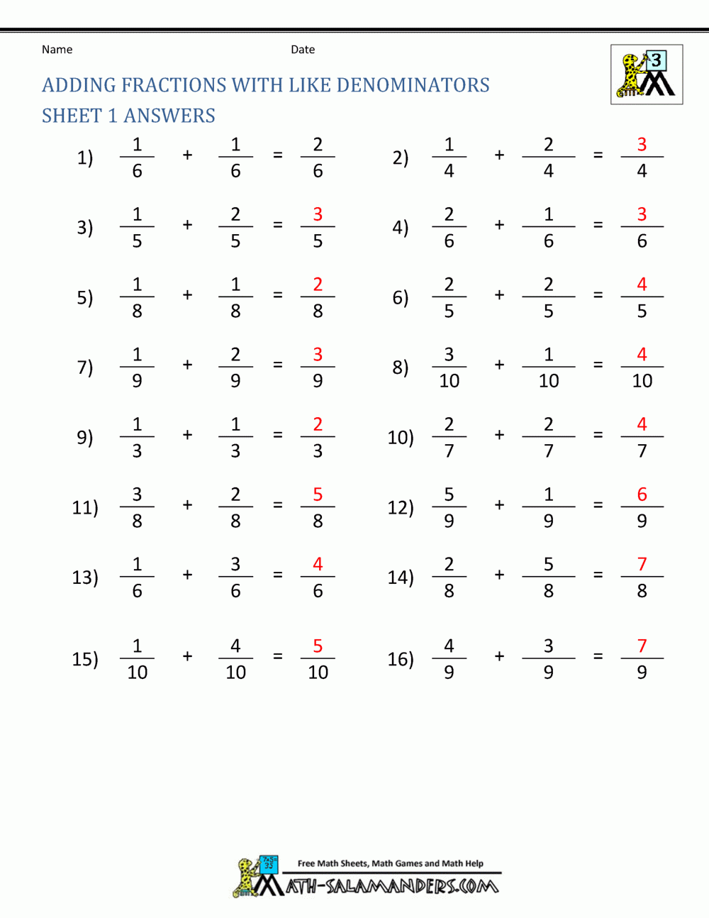 Adding And Subtracting Fraction Worksheets