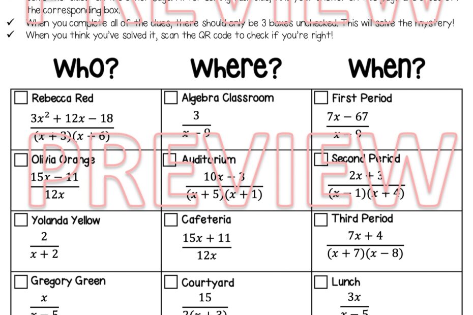 Adding And Subtracting Rational Expressions Clue Mystery Activity Made By Teachers
