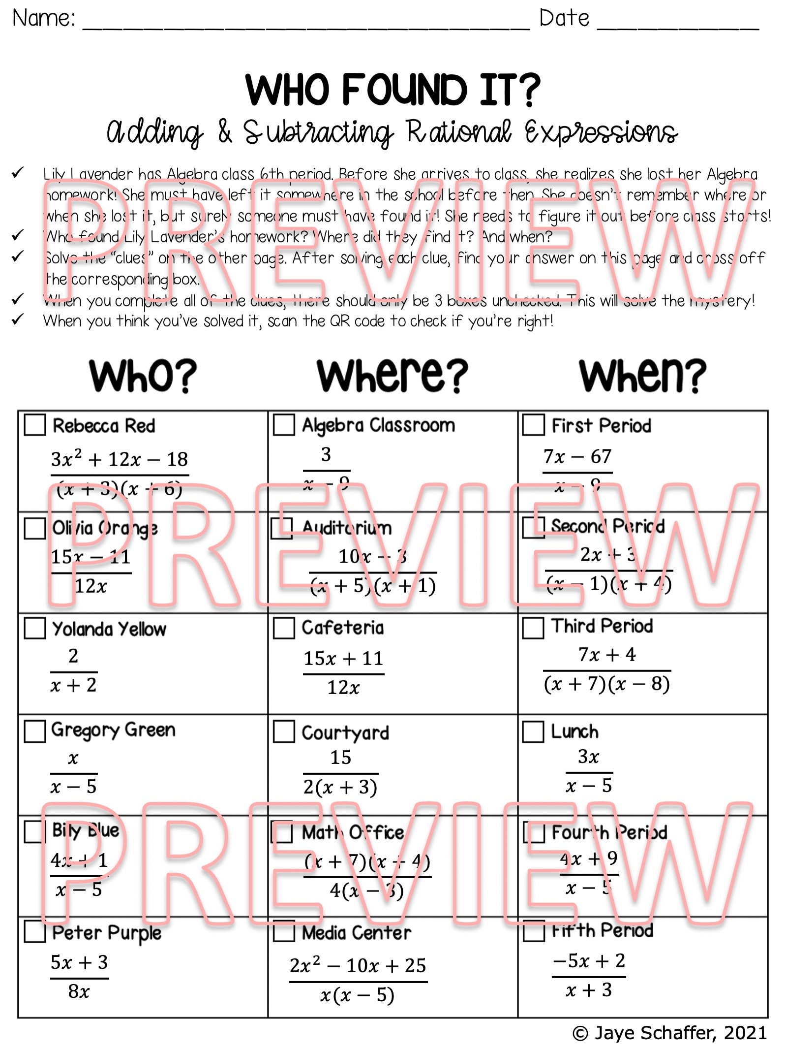 Adding And Subtracting Rational Expressions Clue Mystery Activity Made By Teachers