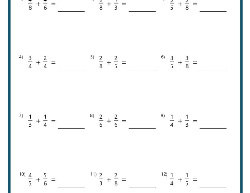 Adding Fractions With Unlike Denominators Worksheets