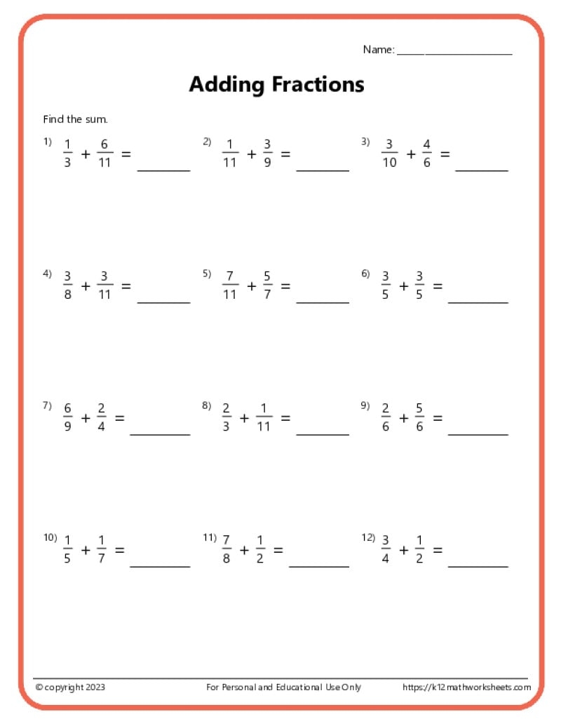 Adding Fractions With Unlike Denominators Worksheets