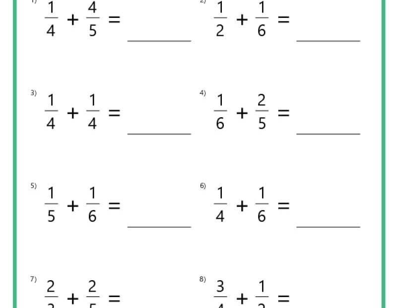 Adding Fractions With Unlike Denominators Worksheets