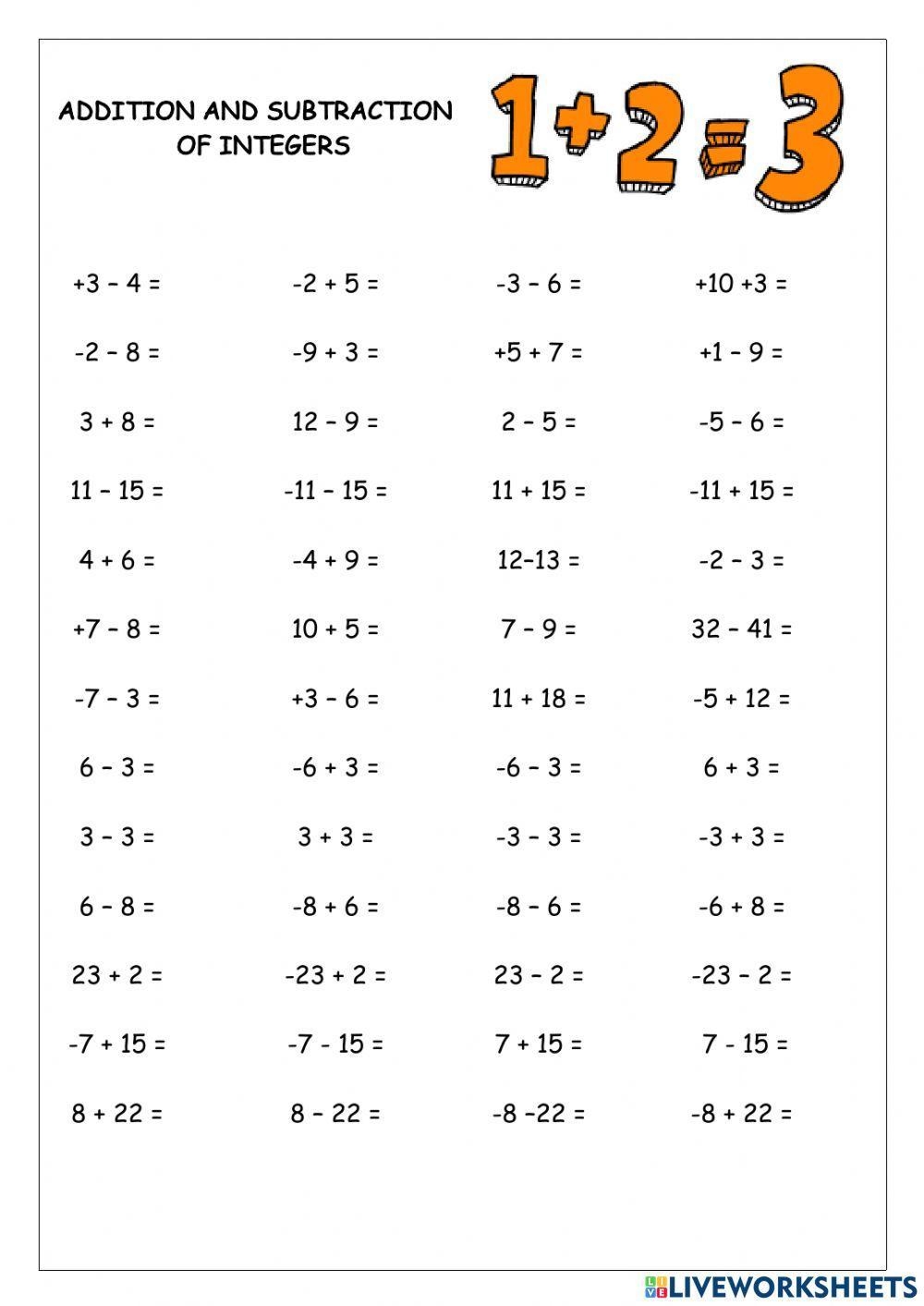 Addition And Subtraction Of Integers Interactive Worksheet Live Worksheets Library