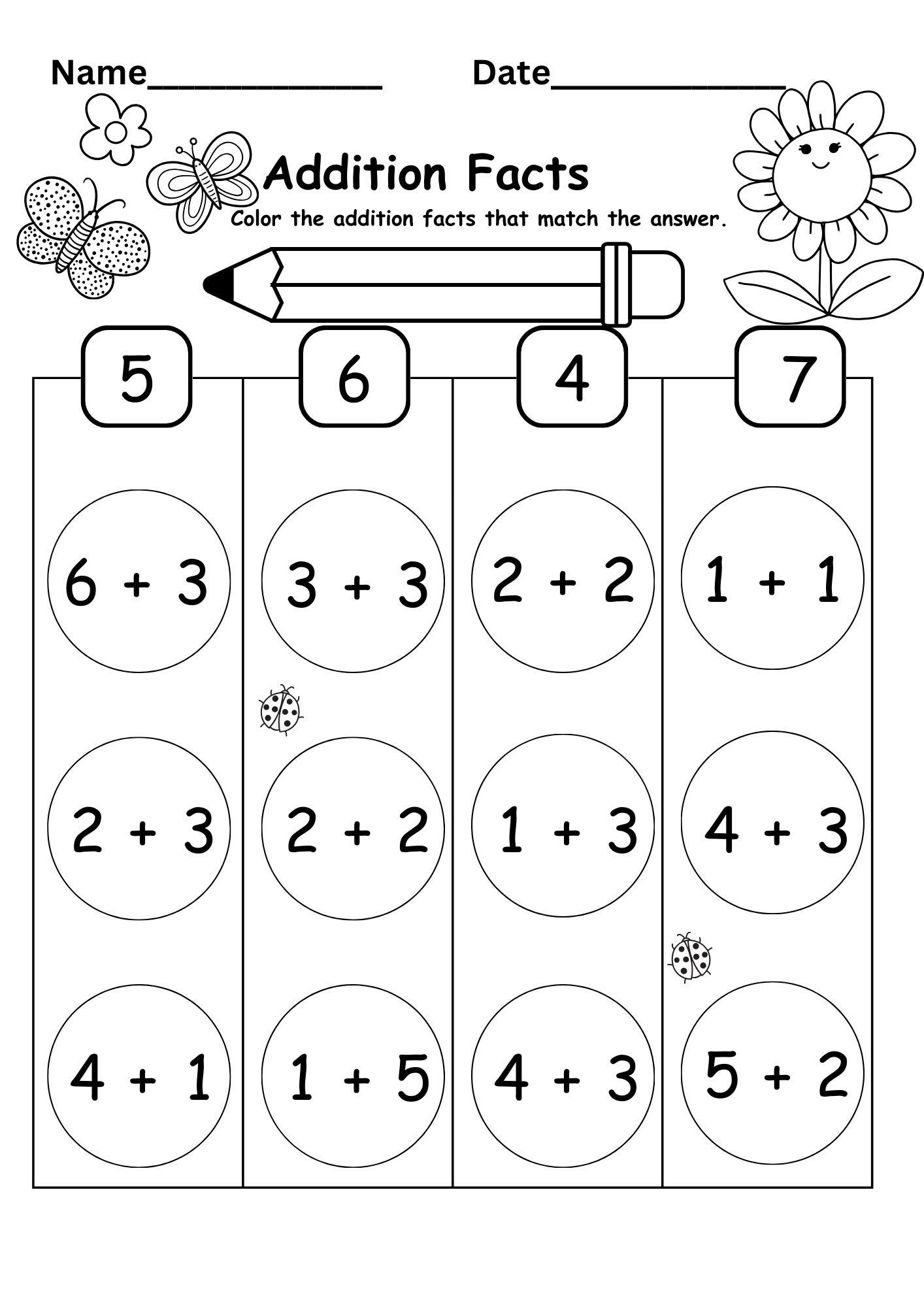 addition math facts worksheets