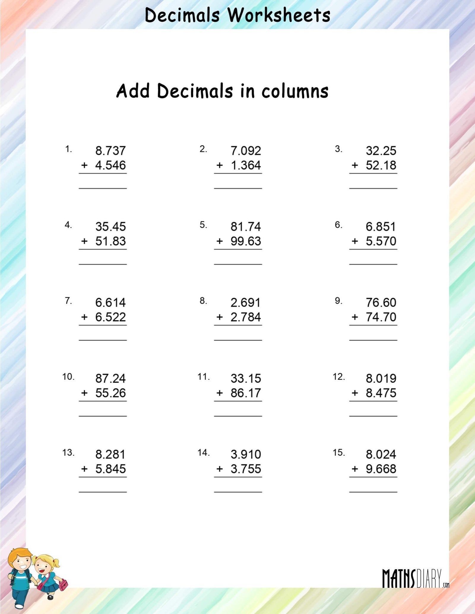 Addition Of Decimals In Columns Math Worksheets MathsDiary