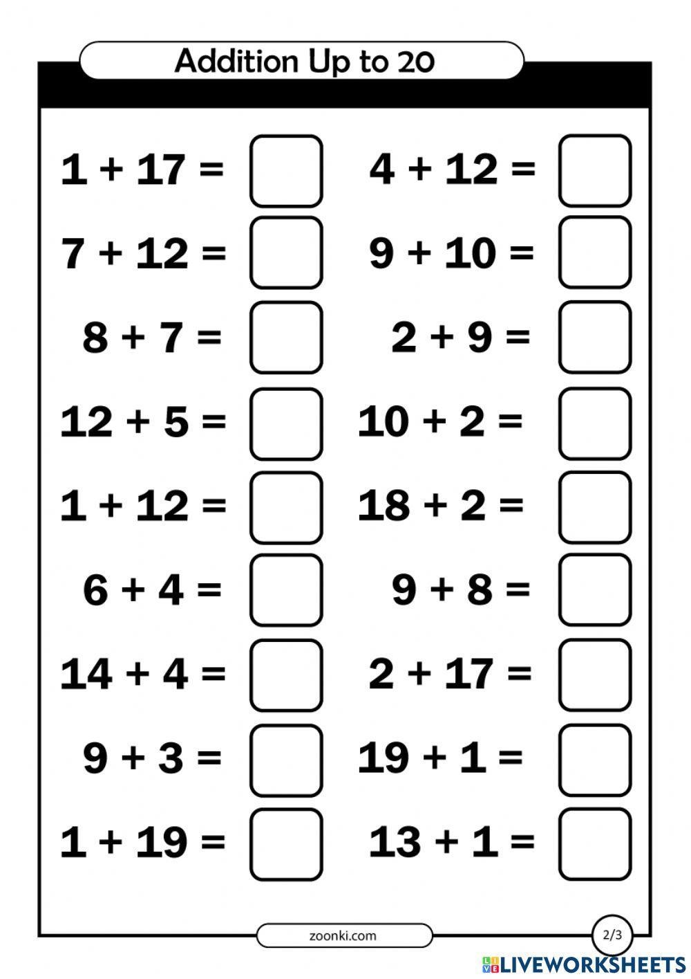 Addition Within 20 Horizontal Format Worksheet Live Worksheets Worksheets Library