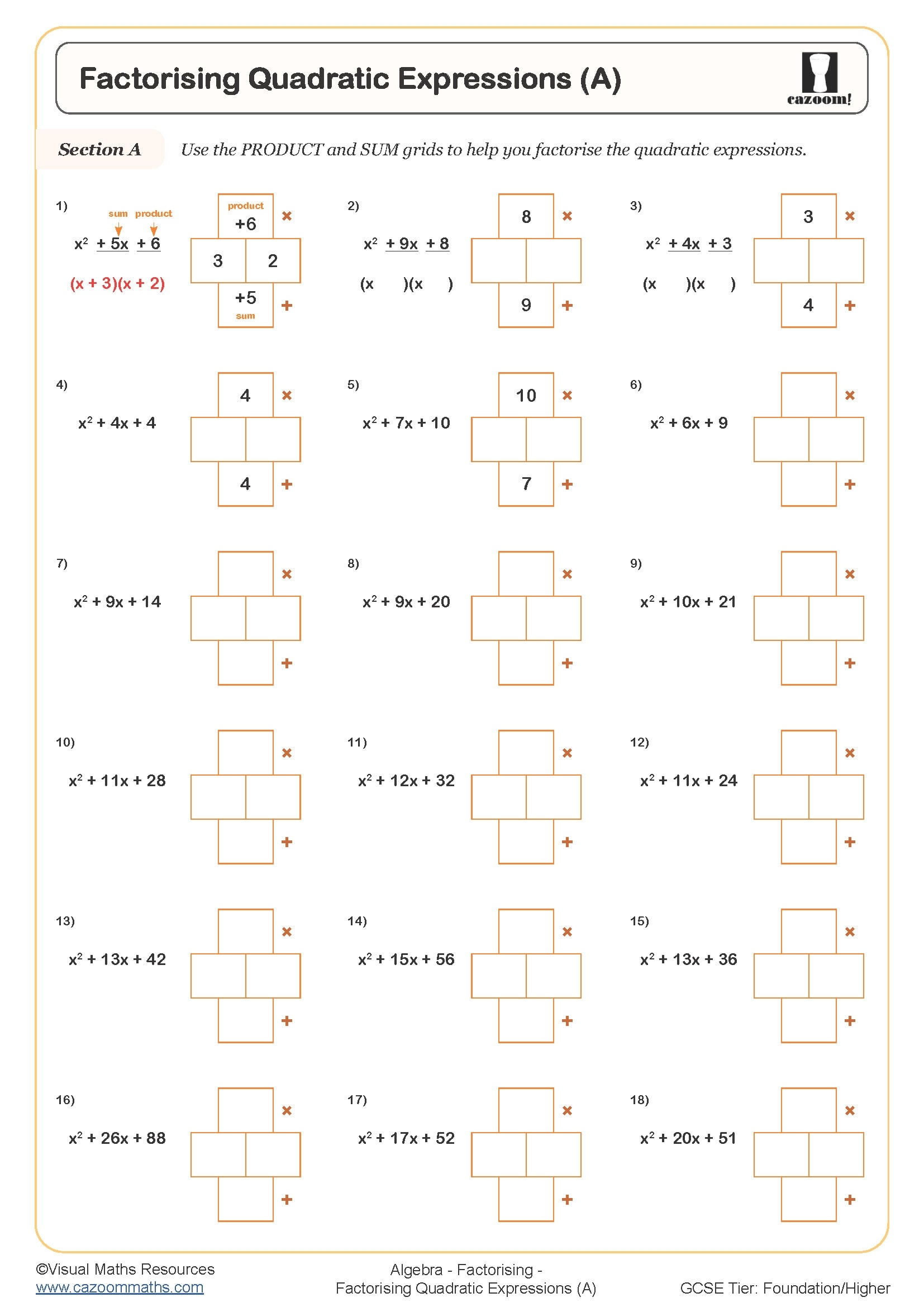 factorise quadratics worksheet