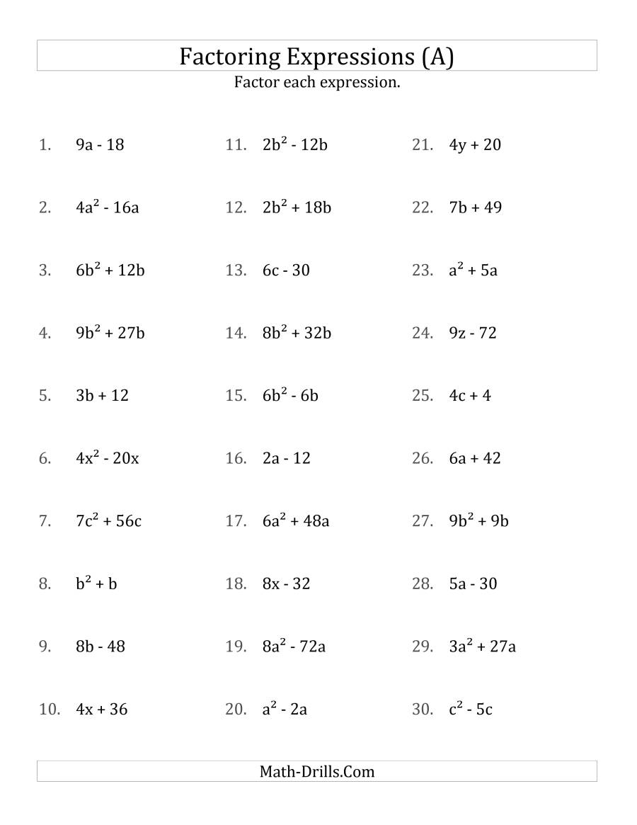 Algebra Worksheets Algebraic Expressions Factoring Polynomials 
