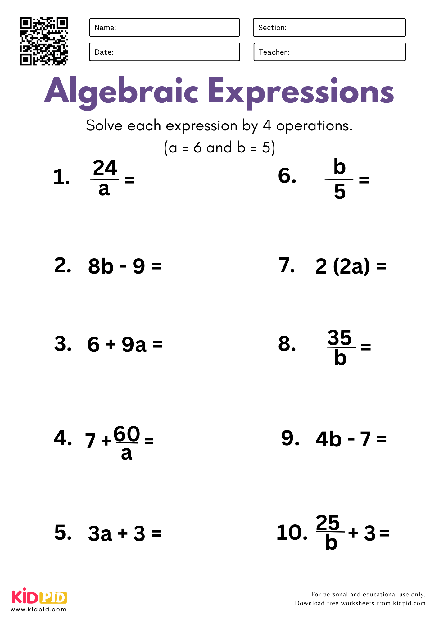 Algebraic Expressions With One Variable 4 Operations Worksheet 