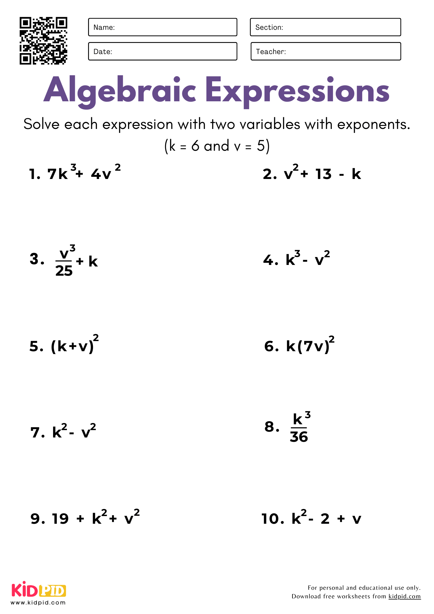 Algebraic Expressions With Two Variables With Exponents 