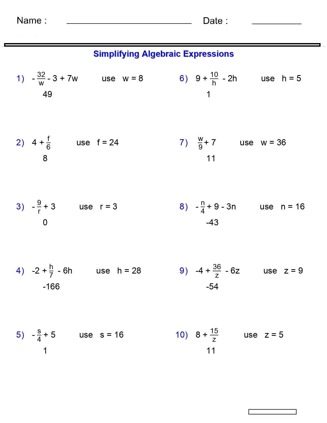Algebraic Expressions Worksheets Evaluating One Variable 